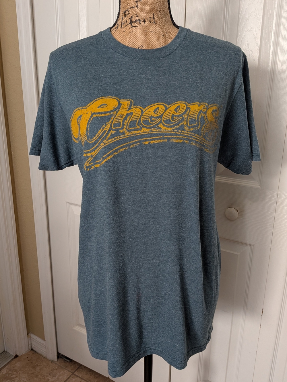 Vintage Cheers Graphic Tee - Blue with Yellow Print